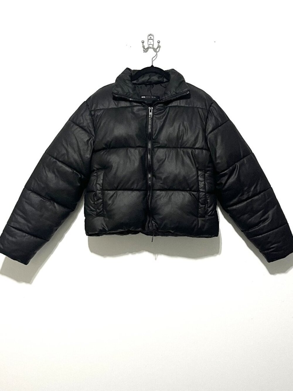 Asos Design Mens Oversized Puffer Jacket S Black Faux Leather Crop Streetwear